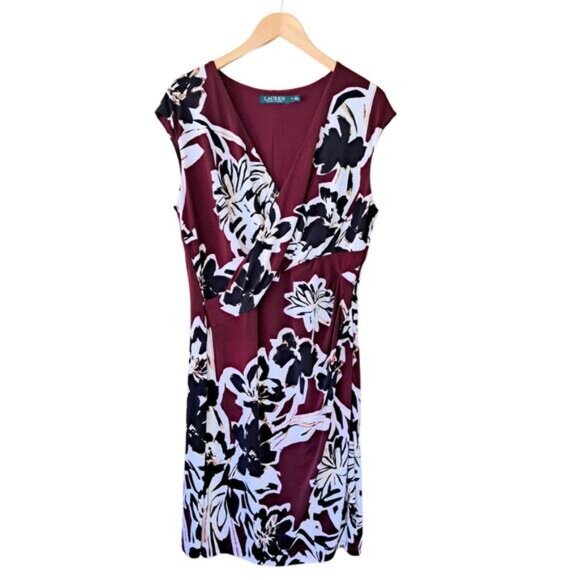 LAUREN Ralph Lauren Burgundy Floral Jersey Draped Sheath Dress Size 16 - Picture 6 of 7
